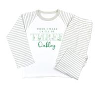 Crwban® - Watercolour Dinosaur When I Wake Up I'll Be Three Pyjamas - Personalised Third 3rd Birthday Themed PJ's (UK, Age, 2 Years, 3 Years, Regular, Sage Green Stripes)