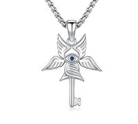 CRWENG 925 Sterling Silver Evil Eye Key Necklace with Wings Unique Protective Amulet Jewelry for Women, Christmas Birthday Valentine’s Day Gift