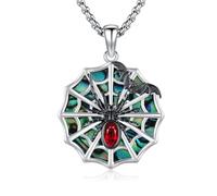 CRWENG Gothic Spider Bat 925 Sterling Silver Pendant Necklace with Abalone Shell & Red Zircon, 23mm Dark Style Jewelry with 22+2 Inch Stainless Steel Chain for Halloween, Goth Lovers Men Women