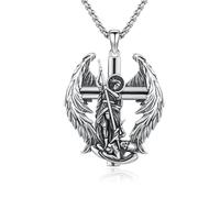 CRWENG Men’s St Michael Pendant S925 Sterling Silver Archangel Michael Pendant with Cross Wings Archangel Medal for Faith Protection Religious Jewellery for Unisex