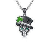 CRWENG St. Patrick's Day Skull Necklace 925 Sterling Silver Skull Punk Pendant Irish Holiday Jewelry St. Patrick's Day Gifts for Men and Women