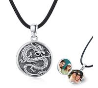 CRWENG Sterling Silver Dragon Locket Necklace for Men and Women - Photo Box Pendant - Asian Style - Unisex - Silver - All Collection - Gift for Dad, Lovers, or Yourself