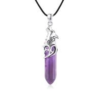 CRWENG Wolf Head Necklace for Men 925 Sterling Silver Wolf Pendant Crystal Column Necklace Viking Amulet Jewellery Valentine's Day Gift for Men and Women (Amethyst)