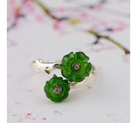 CRYBF Rings Style Ring Jewelry Double Flower 925 Silver Ring Inlaid Nephrite Jasper Ring Jade Ring Female Jewelry Simple Personality Open Ringring, Ring