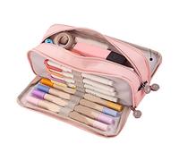 Cryfokt Large Capacity Canvas Pencil Pouch with 3 Compartments Double Opening Pencil Case for Students and Office Washable Pen Bag for School Supplies Stationery Organizer for Desk and (Pink)