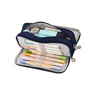 Cryfokt Large Capacity Canvas Pencil Pouch with 3 Compartments Double Opening Pencil Case for Students and Office Washable Pen Bag for School Supplies Stationery Organizer for Desk and (Navy Blue)