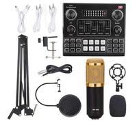 Cryfokt Live Sound Card Kit, 12 Voice Effects 14 Sound Effects Bluetooth Dual Mic Input Real Time Monitoring, V9 Card with Suspension Condenser Microphone Boom Arm for Live (black and gold)