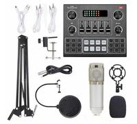 Cryfokt Live Sound Card Kit, 12 Voice Effects 14 Sound Effects Bluetooth Dual Mic Input Real Time Monitoring, V9 Card with Suspension Condenser Microphone Boom Arm for Live (Silver)