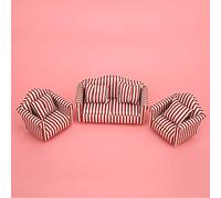 Cryfokt Mini Dollhouse Sofa Set Wood + Fabric Orange Red Gold Striped 3-Piece with 4 Pillows for Children's Gift