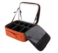 Cryfokt Portable Makeup Bag, LED Mirror, Adjustable Compartments | PU Leather Travel Organizer, 3 Color LED Mirror, Movable Dividers, Brush Holder, Two Way Zippers