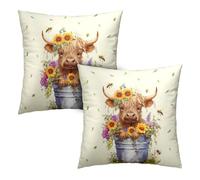 Cryfox Highland Cow Pillow Cover 18x18 Inch Spring Summer Flowers Linen Cushion Cover Cow Bees Sunflower Farmhouse Throw Pillow Covers Rustic Funny Cow Gifts for Cow Lovers Pillowcase Set of 2