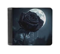 Crying Black Rose Moon Leather Wallet for Men Slim Bifold Wallet with Money Clip Minimalist Credit Card Holder