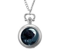 Crying Black Rose Moon Vintage Pocket Watch with Chain Classic Numerals White Dial