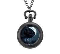 Crying Black Rose Moon Vintage Pocket Watch with Chain Classic Numerals White Dial