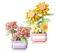 Cryptolux Set of 2 Flower Clamping Blocks, Mini Botanical Building Block Set with Sunflower Rose DIY Plant Decoration for Home Gifts for Women, Girls, Birthday, Valentine's Day, Christmas