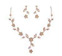Crysdue Wedding Prom Jewelry Set for Women Bride, Stunning Champagne Crystal Rose Gold Flower Leaf Cluster Pendant Necklace Dangle Earrings for Party