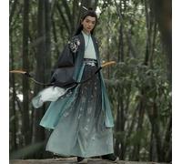 CRYSEU Chinese Ancient Hanfu Men Halloween Archers Cosplay Costume Hanfu Gradient Green Shirt+Skirt+Coat Sets For Men(Blue Set,XXL)