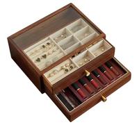 CRYSEU Wooden Jewelry Box with Glass Top Jewelry Organizer Display Holder Case Storage Drawers for Big and Small Jewelry(2 Layer)