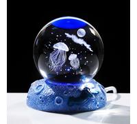 Crystal 3D Jellyfish and Moon 2.36in Ball Figurine Gifts for Women, Glass Animal Art Sphere for Room with Space Light Base, Keepsakes for Ocean Lovers Home Ornaments Paperweight