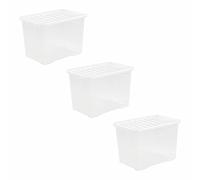 Crystal 3x 80L Litre Large Transparent Lidded Storage Box, Stackable Organizer Container For Home, Office, Garage Made in UK