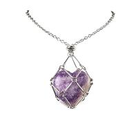 Crystal Agate Heart Pendant with Metal Mesh Cage Amethyst Carved Heart Drop Pendant for DIY Necklace Jewelry Making(Lepidolite)