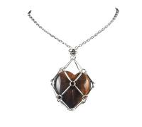 Crystal Agate Heart Pendant with Metal Mesh Cage Amethyst Carved Heart Drop Pendant for DIY Necklace Jewelry Making(Tiger’s Eye)