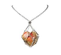 Crystal Agate Heart Pendant with Metal Mesh Cage Amethyst Carved Heart Drop Pendant for DIY Necklace Jewelry Making(Crazy Lace Agate)