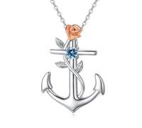 Crystal Anchor Pendant Necklace Rhinestone Rose Flower Necklace Twisted Leaf Jewelry for Women Girls (Blue)