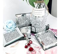 Crystal and Mirror Square Coaster Set, 4 Pieces, 10 x 10 cm, Silver Crushed Diamond Design