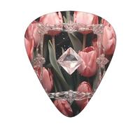 Crystal and pink tulips printed guitar picks, 12-piece set with thin, medium, and thick styles, comes with a storage case