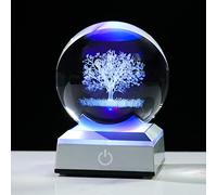 Crystal Ball 3D Engraved Tree of Life with LED Colorful Base, 3.15" 8CM Glass Sphere Ideas for Family Home Decor Display, Gifts for Men Women Friends on Birthday Christmas