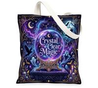 Crystal Ball Canvas Tote Bag, Mystical Gothic Ghosts Skulls Halloween Violet Shopping Bags 13x15 Inch, Purple, 13x15 Inch