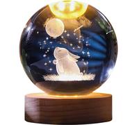 Crystal Ball Engraved Rabbit ＆ Moon Crystal Ball Light 3D Crystal Ball Lamp 2.4'' Glass Globe with Wooden Base for Women Daughter, Collectible Ornaments, Crystal Ball