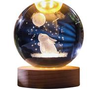 Crystal Ball Engraved Rabbit ＆ Moon Crystal Ball Light 3D Lamp 2.4'' Glass Globe with Wooden Base for Women Daughter, Collectible OrnamentsBall