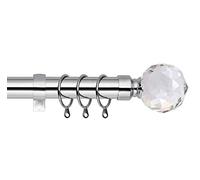Crystal Ball Extendable Curtain Pole. Includes Pair Of Superior 60mm Size Finials, Rings, Brackets & Fittings Set. (Chrome, 160cm - 300cm, 63 Inch to 118 Inch)