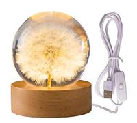 Crystal Ball Lamp 2.4 Inch 3D Crystal Ball Night Light with Wooden Base Warm Yellow Light Dandelion Flower Lamp Desk Ornament for Women Girl Birthday Gift Home Office Decor Dandelion Flower Crystal Ba