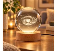 Crystal Ball Night Light 6cm & 8cm, 3D Engraved Galaxy & Tree of Life LED Lamp with Wooden Base, USB Powered Warm White Colour, Decorative Table Lamp for Home Decor, Style 2, 8cm (Pack of 1)