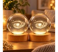 Crystal Ball Night Light 6cm & 8cm, 3D Engraved Galaxy & Tree of Life LED Lamp with Wooden Base, USB Powered Warm White Colour, Decorative Lamp for Home Decor, Style 2, 8cm (Pack of 2)