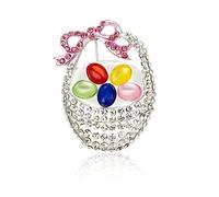 Crystal Basket Colorful Easter Egg Brooch Pin with Pink Bow Rhinestones, Metal, no gem style