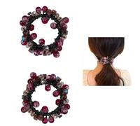 Crystal Beaded Hair Scrunchies, Pink and Blue Glass Beads, Black Elastic Band, 2 Pack