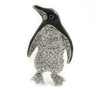 Crystal Black Enamel 'Penguin' Brooch In Rhodium Plating - 42mm Length
