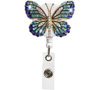 Crystal Blue Butterfly Rhinestones Retractable Badge Reel, Bling Diamond Nurse Badge Holder Reels with Swivel Alligator Clip Badge Holders for Teachers Students Volunteers Badge Holders