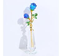 Crystal Blue Rose Flower Figurine Metal Long Stem with Crystal Vase, Handmade Rose Gifts for Wife Mum Girlfriend Birthday, Anniversary, Glass Floral Collectible Wedding Ornament Home Table Decor