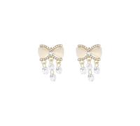 Crystal Bow Drop Earrings, Gold-Toned with Rhinestone Dangles drop stones, Cream Pearl Effect