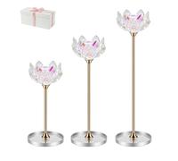 Crystal Candle Holders Set of 2, Lotus Flower Candlestick Holders with Mirror Base and Gift Box,Elegant Table Centerpieces for Home Decor, Wedding, Party (Gold, 3Pcs, Taper candle)