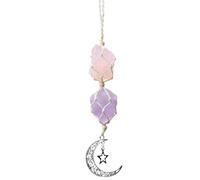 Crystal Car Hanging Ornament Rose Quartz Car Hanging Accessories Moon Star Calcite Raw Pendant Crystal Stones Reiki for Meditation Protection (Rose Crystal+Amethyst)