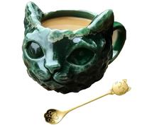 Crystal Cat Face Mug, Cute Kitten Shaped Tea Mug with Spoon, Animal Themed Drinkware for Kitchen Daily Use Collector Home Decor Green