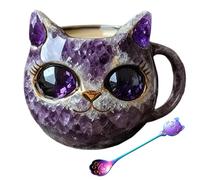 Crystal Cat Face Mug, Cute Kitten Shaped Tea Mug with Spoon, Animal Themed Drinkware for Kitchen Daily Use Collector Home Decor Purple