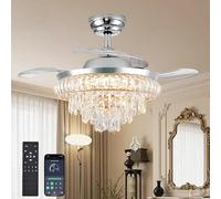 Crystal Ceiling Fans with Lights and Remote Dimmable Chandelier Ceiling Fan with Lamps Bladeless Modern Ceiling Fan for Bedroom Living Room Dining Room with 3 Color Change Reversible and 6 Speeds