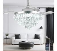 Crystal Ceiling Fans with Lights and Remote Dimmable LED Ceiling Fan Lamps Bladeless Modern Chandelier Ceiling Fan for Bedroom Living Room Dining Room Fan Reversible 3 Light and 6 Speeds (Chrome)